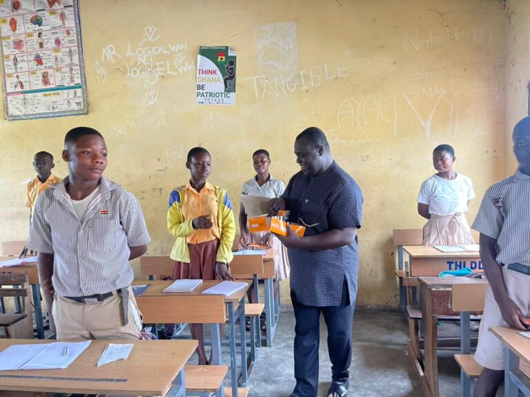 NDC Parliamentary Candidate supports BECE candidates with Maths sets, stationeries.